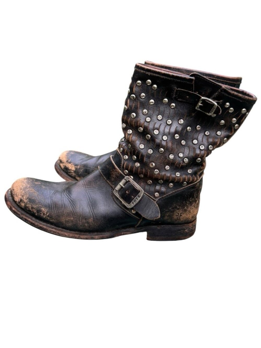 FRYE Boots Jenna Cut Womens 10 B Distressed Leather Studded Short Pull On Biker - Picture 2 of 12